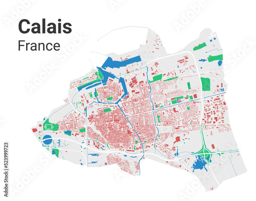 Calais vector map. Detailed map of Calais city administrative area. Cityscape panorama illustration. Road map with highways, streets, rivers.