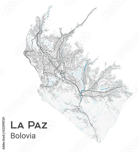 La Paz vector map. Detailed map of La Paz city administrative area. Cityscape panorama illustration. Road map with highways, streets, rivers.