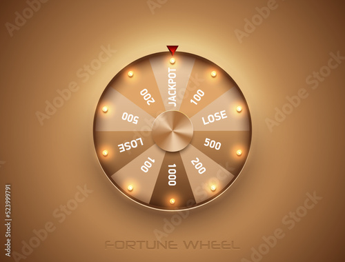 Luxury fortune wheel spin mashine. Cut frame, isolated on golden background. Casino banner design element or icon. Gold sector with led bulb light photo