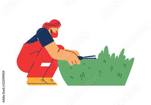 Tree trimming and landscape service employee pruning shrubs flat vector isolated.