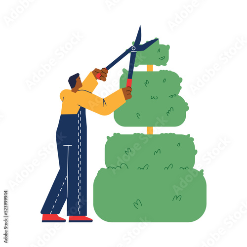 Landscape design service worker cuts a tree flat vector illustration isolated.