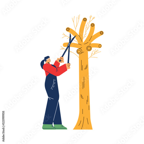 Female gardener or lumberjack pruning tree branches with shears, flat vector illustration isolated on white.