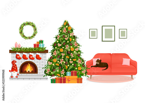 New Year's interior of a living room with a Christmas tree, gifts, a fireplace and a cat. Cozy christmas night celebration vector illustration.