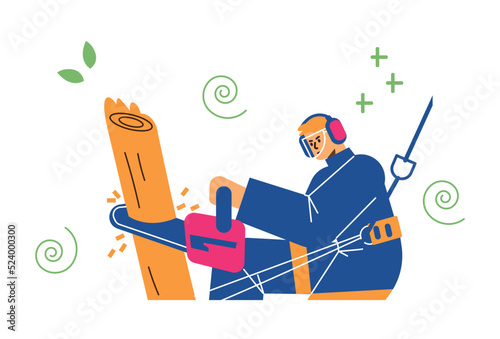 Man sawing tree trunk with chainsaw, flat vector illustration isolated on white background.