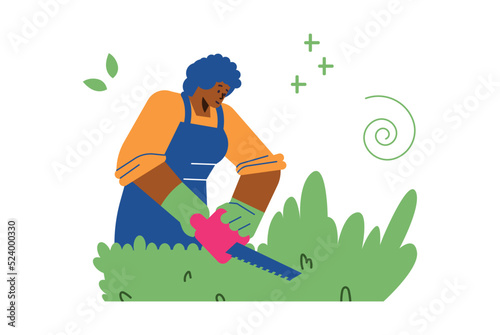 Garden maintenance employee pruning hedges, flat vector illustration isolated.