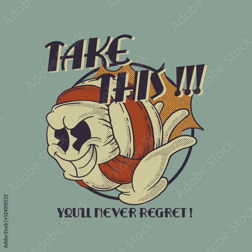 Cartoon emblem of smashing volleyball mascot with retro style