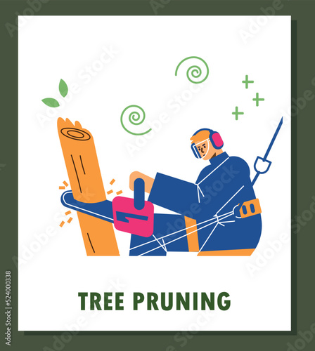 Man pruning or sawing tree trunk with chainsaw, flat vector illustration on white background.