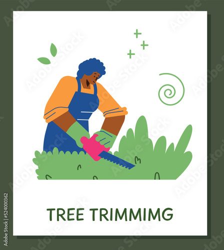Tree trimming maintenance service banner or poster flat vector illustration .