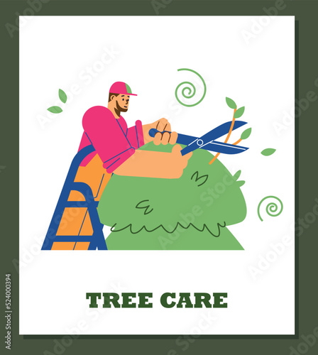 Professional gardener taking care of tree, bush or hedge - flat vector illustration on white background.