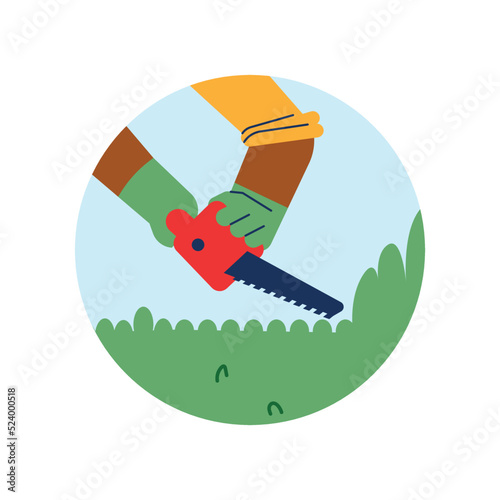 Gardener trimming bush or hedge with saw, round icon flat vector illustration.