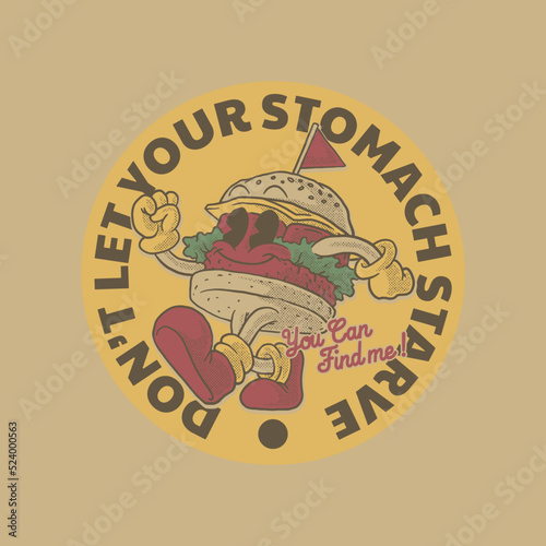 Cartoon emblem of happy walking burger mascot with retro style