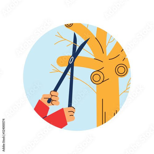 Hands cutting tree branches with shears, round icon flat vector illustration.
