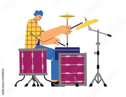 Man learning to play drums and cymbals, flat vector illustration isolated on white background.