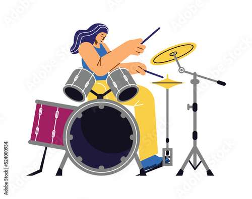 Female drummer playing rock music at drum kit with sticks, flat vector illustration isolated on white background.