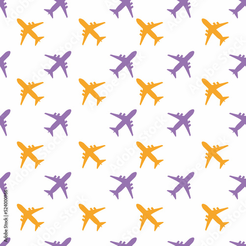 Retro kids seamless pattern with airplanes purple and orange. White background. Baby pattern.