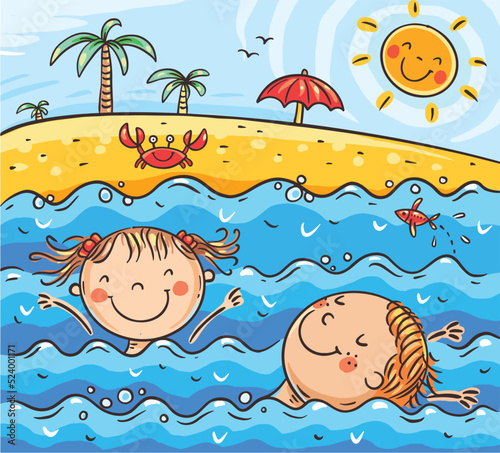 Cartoon children characters on summer vacation on the beach. Girl and boy swimming in the sea