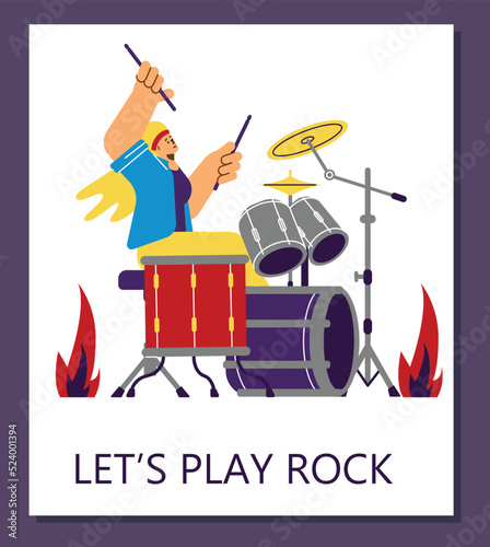 Poster with playing drummer flat style, vector illustration