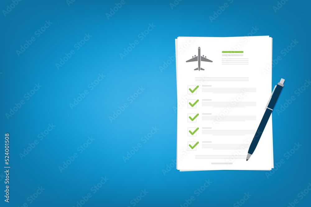 Flight insurance document. Airlines risk safety assurance agreement, checklist. Airplane travel coverage protection. Flight insurance document. Airlines risk safety assurance agreement, checklist. Airplane travel coverage protection.