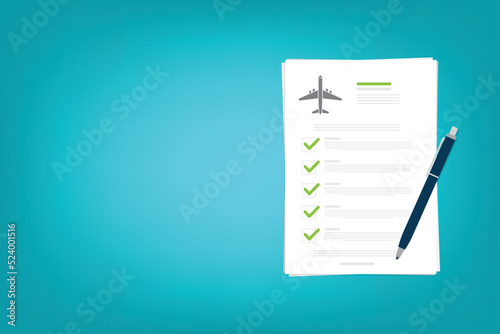Flight insurance document. Airlines risk safety assurance agreement, checklist. Airplane travel coverage protection.