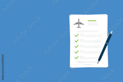 Flight insurance document. Airlines risk safety assurance agreement, checklist. Airplane travel coverage protection.