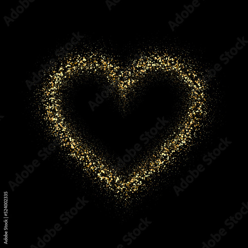Gold glitter heart frame .Vector gold dust isolated on black background. Template for valentines and mothers day cards, wedding invitations, holiday posters and flyers.