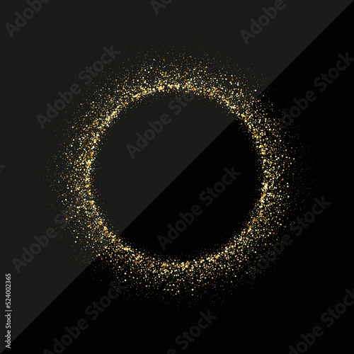 Golden glitter circle frame. Vector gold dust isolated on black background. Template for postcards, wedding invitations, holiday posters and flyers.