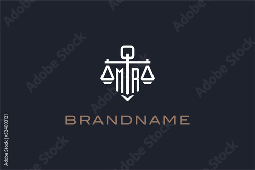 Initials MR logo for law firm with shield and scales of justice modern style