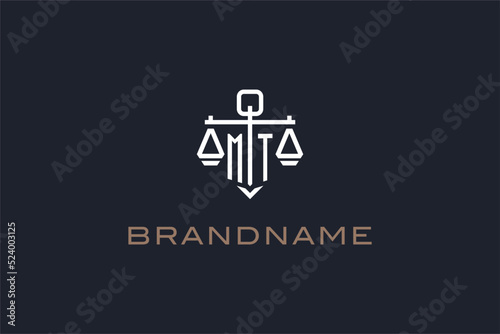 Initials MT logo for law firm with shield and scales of justice modern style