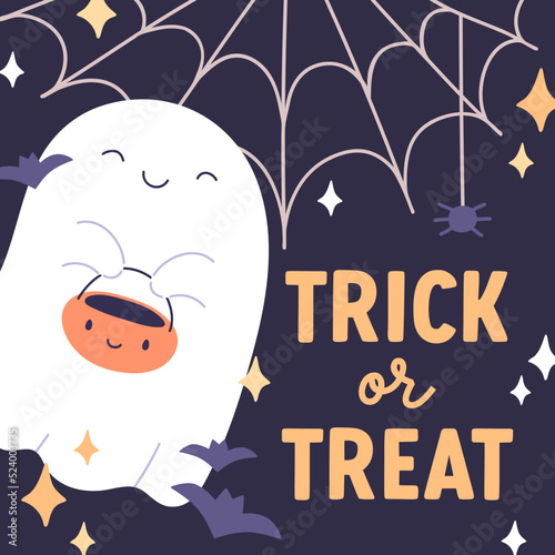 Trick or Treat card design with cute happy ghost, spider web. Childish boo character, spirit, spook on Halloween holiday greeting postcard for spooky night party. Kids flat vector illustration