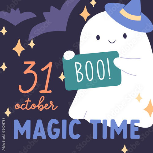 Happy Halloween holiday card design with cute ghost, boo character. October spirit, funny spooky phantom, magic spook on childish greeting Helloween square postcard. Kids flat vector illustration