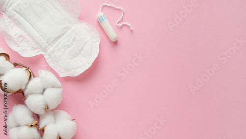 Composition with a branch of cotton, a tampon and a sanitary pad on a pink background. Period concept with place for text © tiena