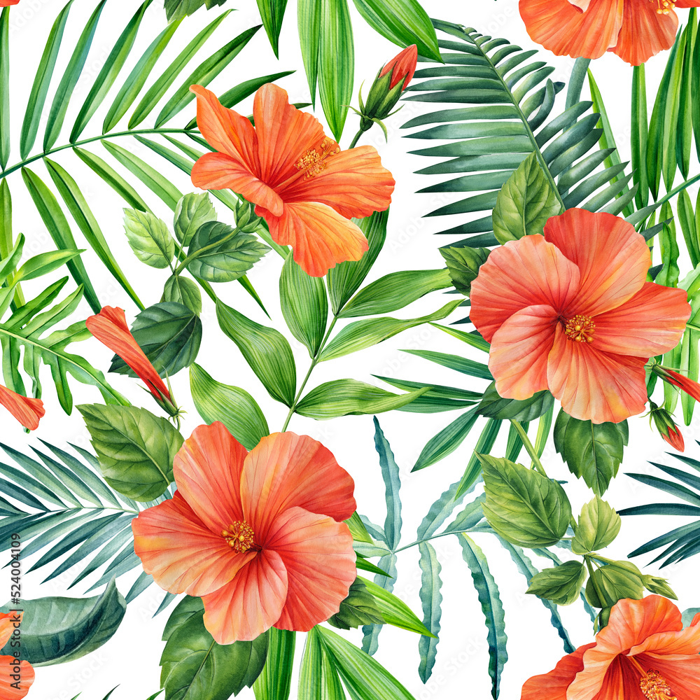 custom made wallpaper toronto digitalHibiscus Flowers and palm leaves, seamless pattern tropical plants watercolor illustration, jungle design