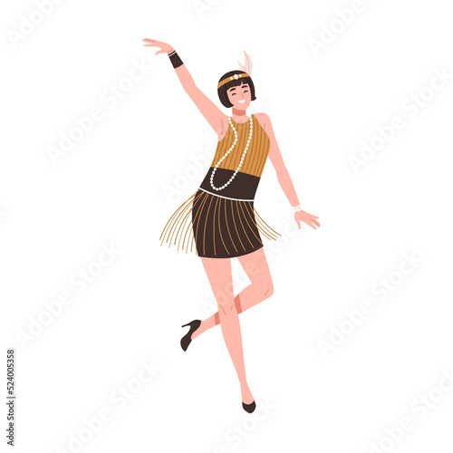Girl dancer from 1920s Broadway party. Happy woman dancing to music in retro-styled 20s fashion fringed dress. Young lady of twenties New York. Flat vector illustration isolated on white background
