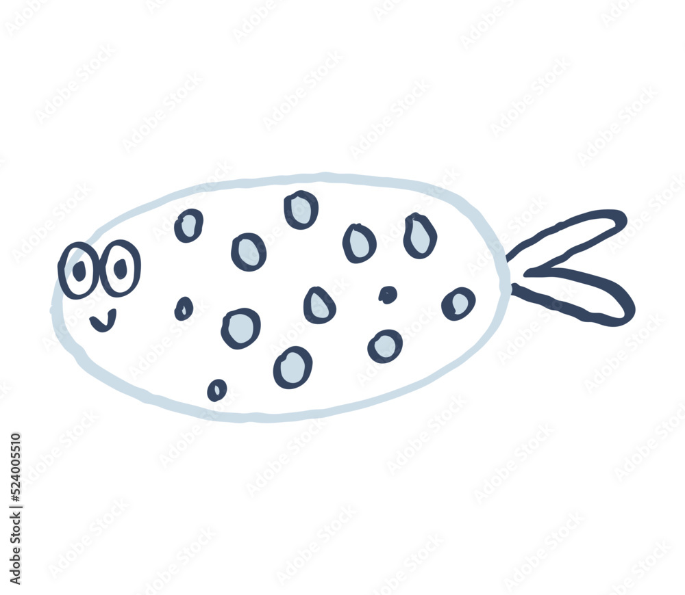 Cute hand drawn fish. Blue outline and dark blue dots. Cute hand drawn fish. Blue outline and dark blue dots.