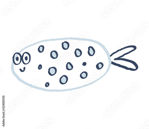 Cute hand drawn fish. Blue outline and dark blue dots.