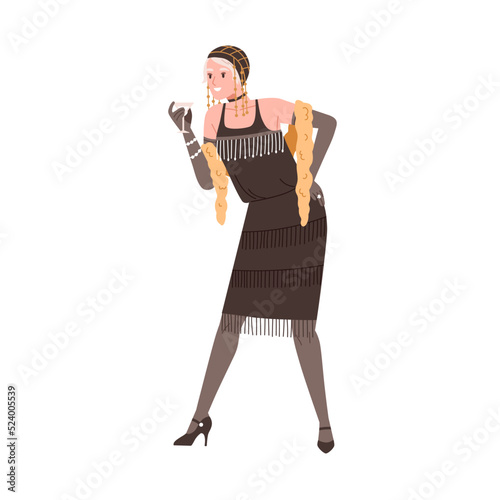 Fashion woman of 1920s in Chicago. Young girl in retro dress, outfit for Broadway New York party. Beauty of twenties standing with cocktail. Flat vector illustration isolated on white background