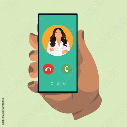 The doctor is on the phone Call a doctor Online doctor s consultation. Laboratory analyzes online View videos or video chat with the doctor Vector illustration