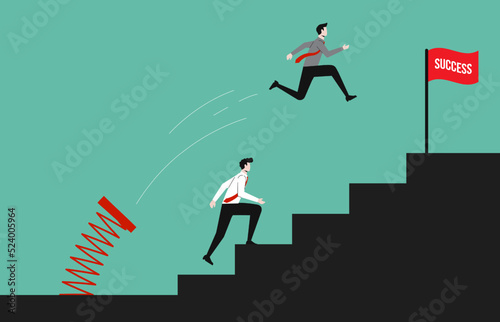 A Businessman uses spring to jump over the stair to the top while another businessman climbs step by step. career boost and promotion symbol