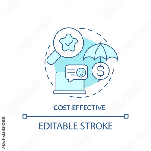Cost effective turquoise concept icon. Benefit of digital advertising abstract idea thin line illustration. Saving money. Isolated outline drawing. Editable stroke. Arial, Myriad Pro-Bold fonts used
