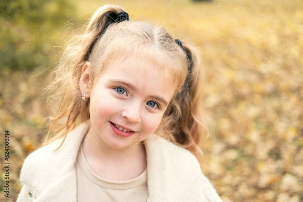 portrait of smiling beautiful little girl in stylish clothes in nature in autumn park portrait of smiling beautiful little girl in stylish clothes in nature in autumn park