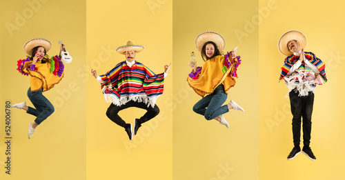 Collage. Portraits of young cheerful man and woman in mexican national clothes and sombrero jumping isolated over yellow background