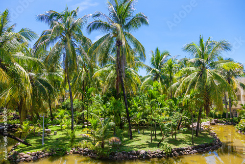 The magnificent territory of a five-star hotel  bordered by a beautiful pond with fish