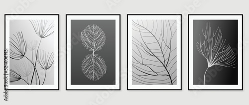 Set of abstract wall art vector. Design with leaves, foliage, line art, leaf lines, monochrome, black, white color. Botanical painting for wall decoration, interior, prints, cover, and postcard.