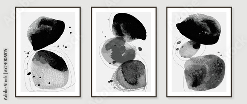 Set of abstract wall art vector. Design on white background with organic shapes, monochrome, black, white color. Watercolor painting for wall decoration, interior, prints, cover, and postcard.