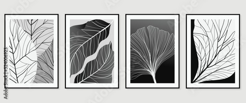 Set of abstract wall art vector. Design with ginkgo, foliage, line art, leaf lines, monochrome, black, white color. Botanical painting for wall decoration, interior, prints, cover, and postcard. © TWINS DESIGN STUDIO