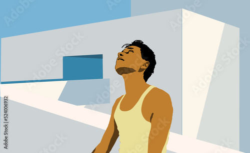 	
A man in white vest, looks at the blue sky in front of white buildings, minimal illustration style, vector