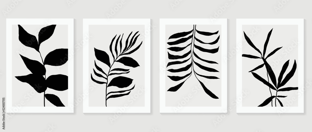 Set of abstract wall art vector. Design with leaf branch, leaves, foliage, plants, monochrome, black, white color. Botanical painting for wall decoration, interior, prints, cover, and postcard.