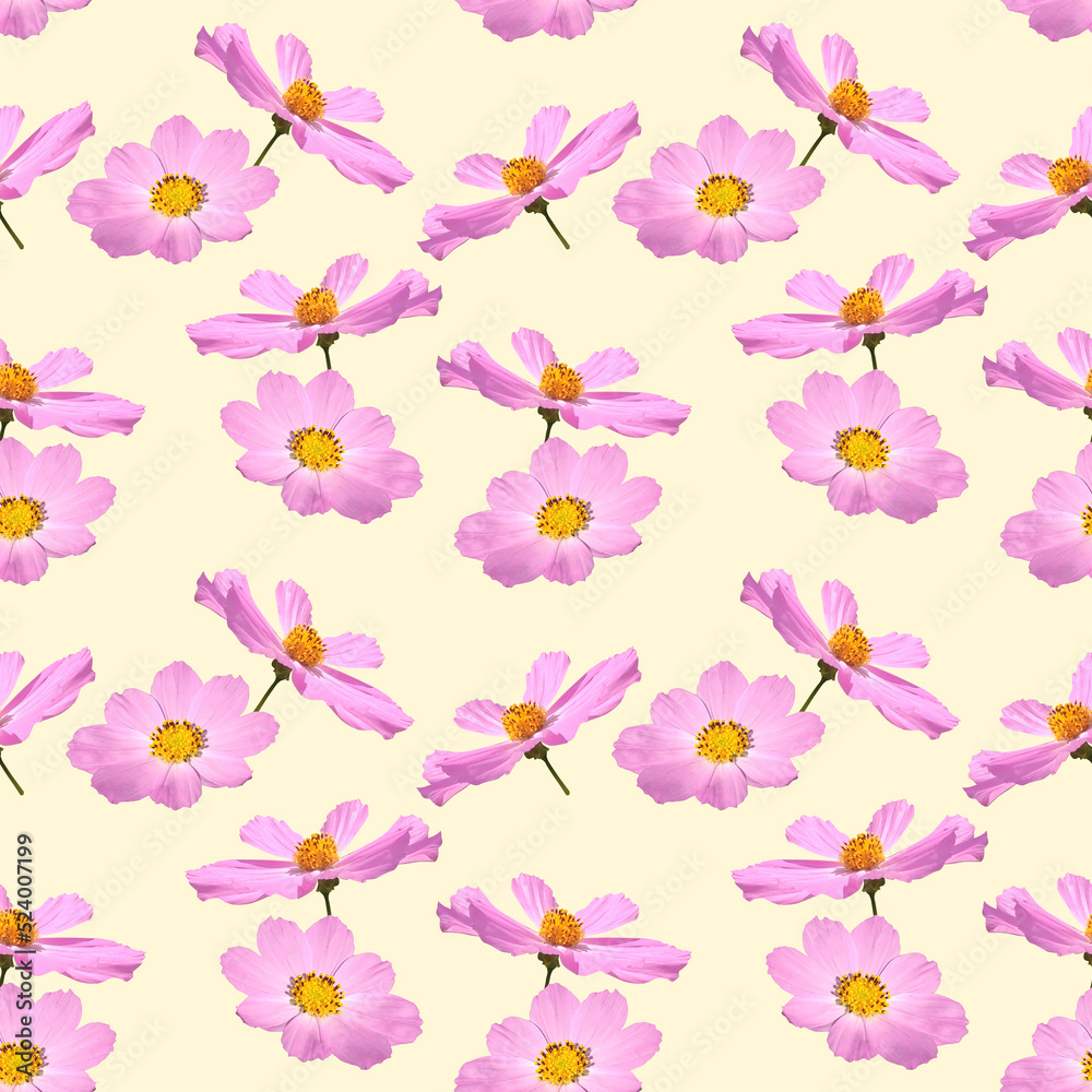 Seamless cute floral pattern with pink Cosmos flowers, on a light yellow background for fabric design, wallpapers.