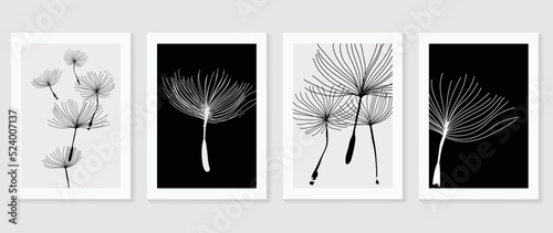 Set of abstract wall art vector. Design with floating seed, plants, dandelion, monochrome, black, white color. Botanical painting for wall decoration, interior, prints, cover, and postcard.
