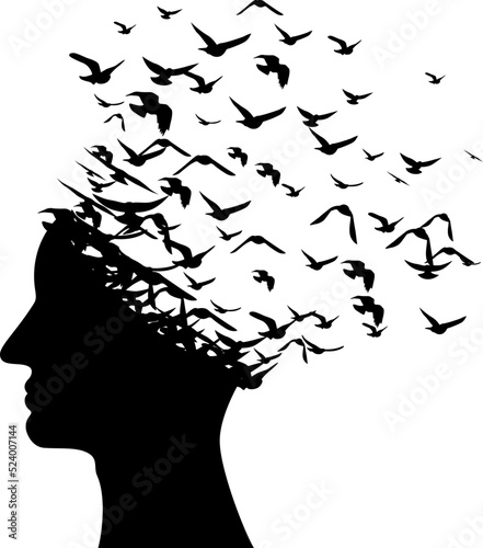 Head with flying birds . Vector isolated decoration element from scattered silhouettes. Conceptual illustration of creative thinking, brainpower and  innovation exploration.